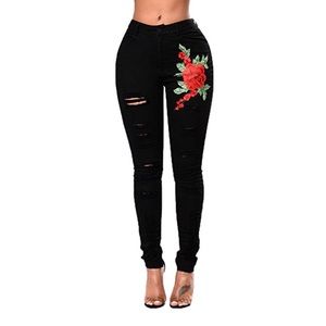 Women Rose Embroidered Distressed Skinny Jeans